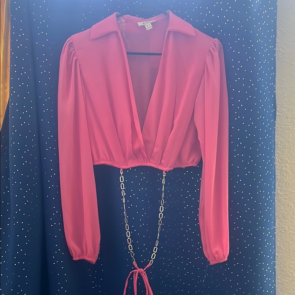 Privy Pink Crop Tie Front Blouse with Notched Collar